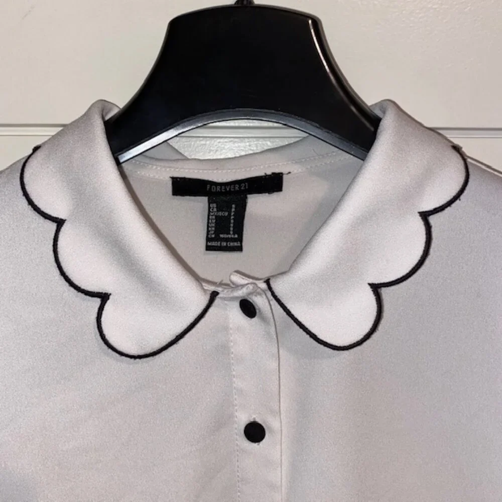 Forever 21 Scalloped Collar White Button-Down Shirt – Black Trim, Small - Picture 2 of 5